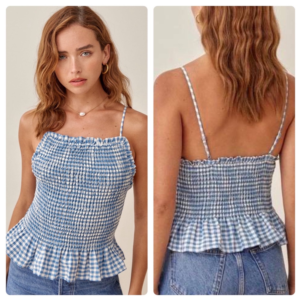 Reformation Oswald Linen Top Azure Check Spaghetti Peplum Gingham 2021 Small